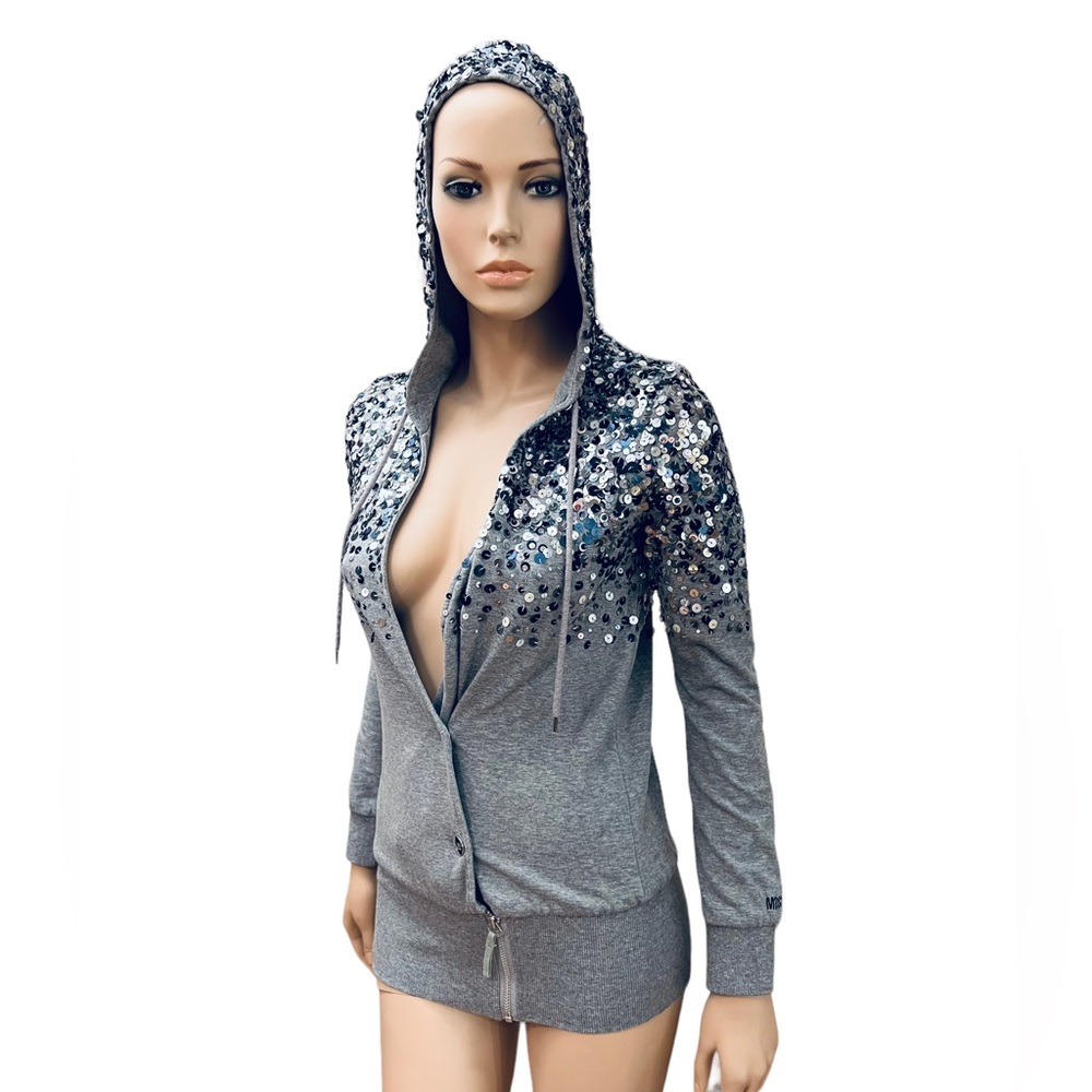 LOVE MOSCHINO METALLIC Sequins Silver Hoodie Size 2 US 96% Cotton 4% Elastane - Picture 7 of 16